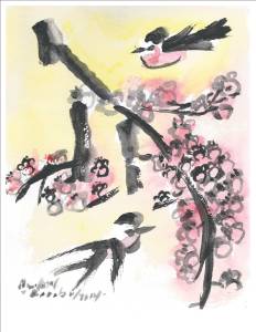 swallows and pink buds